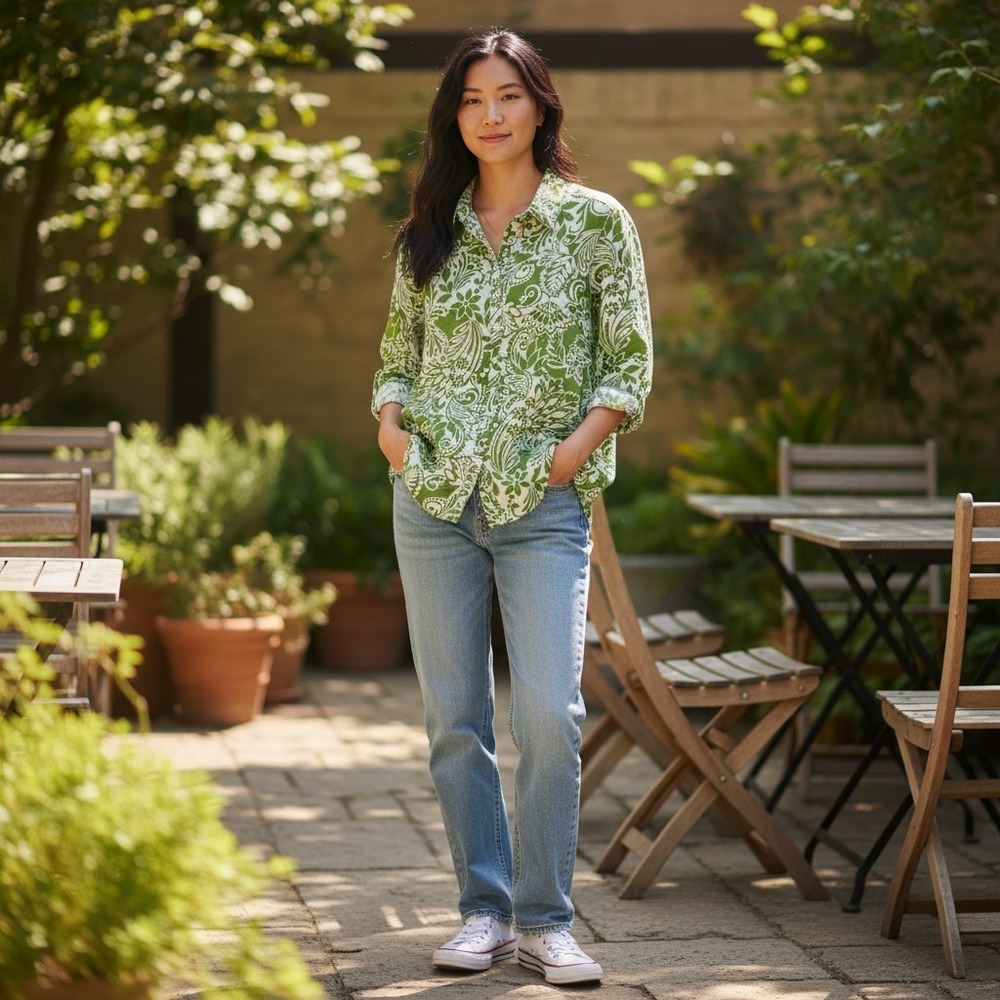 Pappagallo Shirt Blouse Medium‎ Womens Button Down Green White Floral Roll Tab
